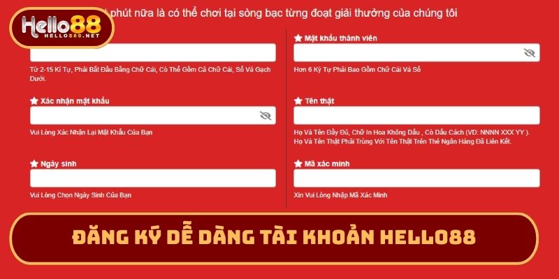 Đăng ký dễ dàng tài khoản Hello88